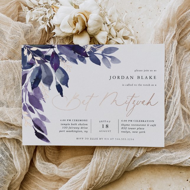 Invitación Con Relieve Metalizado Foliage Abundante | Violeta Botánica Bat Mitzvah (Subido por el creador)