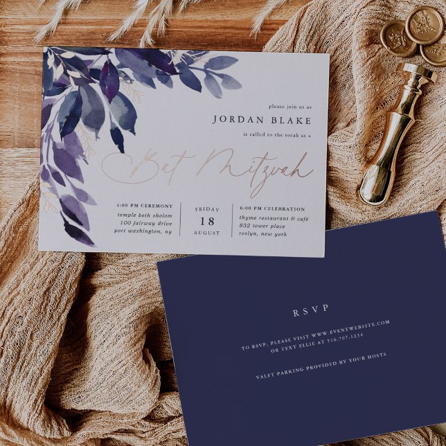Invitación Con Relieve Metalizado Foliage Abundante | Violeta Botánica Bat Mitzvah (Subido por el creador)