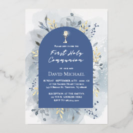 Invitación Con Relieve Metalizado Foliage azul Primera Comunión