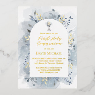 Invitación Con Relieve Metalizado Foliage azul Primera Comunión