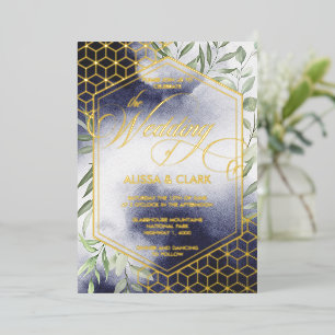 Invitación Con Relieve Metalizado Foliage de color de agua moderno marco geométrico 