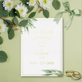 Invitación Con Relieve Metalizado Foliage de oro verde marco Eucalyptus Save the Dat