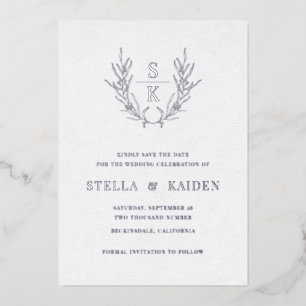 Invitación Con Relieve Metalizado Foliage Leaf Line Art Boda Moderna Guardar La Fech