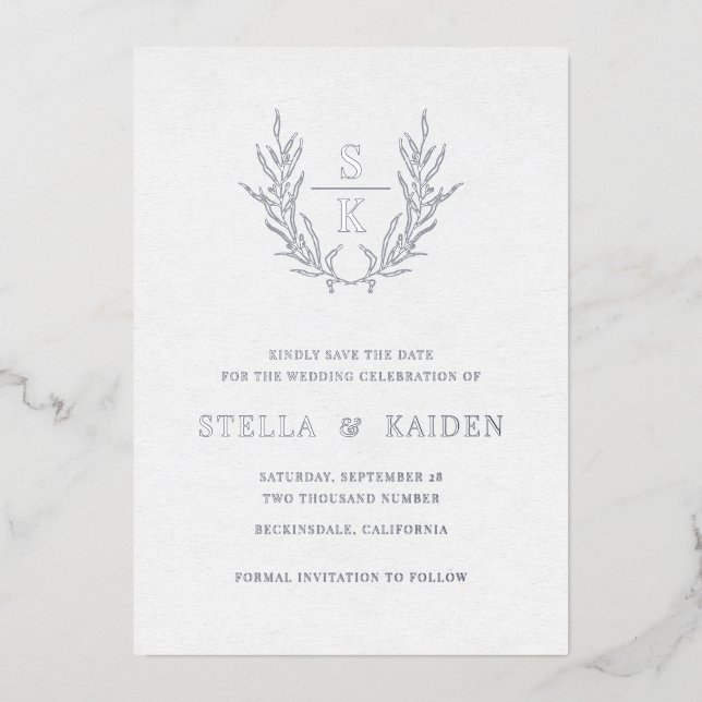 Invitación Con Relieve Metalizado Foliage Leaf Line Art Boda Moderna Guardar La Fech (Anverso)
