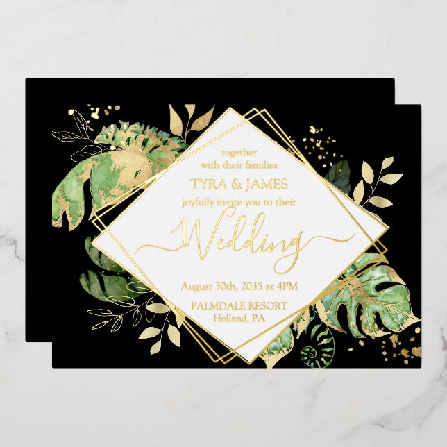 Invitación Con Relieve Metalizado Foliage Tropical Boda Geométrico Negro y Oro (Anverso/Reverso)