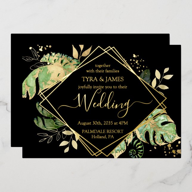 Invitación Con Relieve Metalizado Foliage Tropical Boda Geométrico Negro y Oro (Anverso/Reverso)
