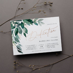 Invitación Con Relieve Metalizado Follaje Abundante Dedicación de Bebé