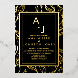 Invitación Con Relieve Metalizado Follaje Botánico Dorado Negro Prensado para Boda