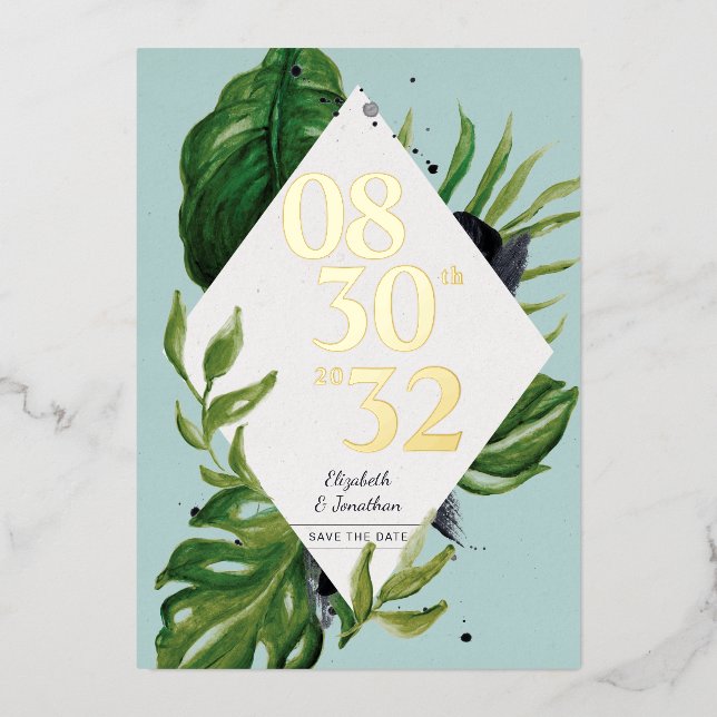 Invitación Con Relieve Metalizado Follaje de selva tropical moderno azul para guarda (Anverso)