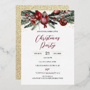Invitación Con Relieve Metalizado Follaje festivo de la fiesta de Navidad dorado roj