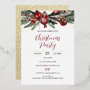 Invitación Con Relieve Metalizado Follaje festivo de la fiesta de Navidad rojo dorad