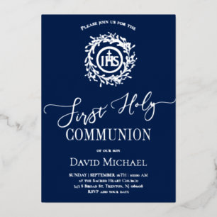 Invitación Con Relieve Metalizado fondo azul Primera Comunión plata