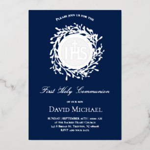 Invitación Con Relieve Metalizado fondo azul Primera Comunión plata