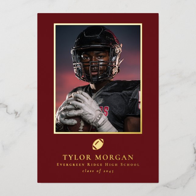 Invitación Con Relieve Metalizado Football Graduation Photo Red Grad Announcement (Anverso)