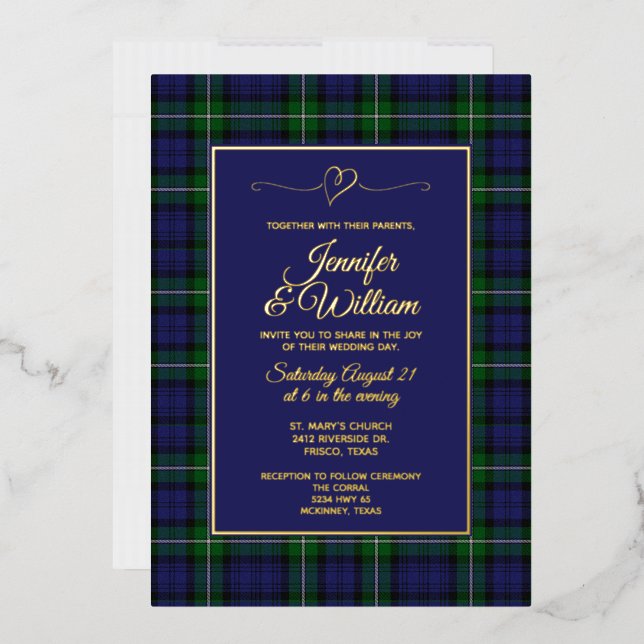 Invitación Con Relieve Metalizado Forbes Clan Tartan Plaid Weddi (Sobre)