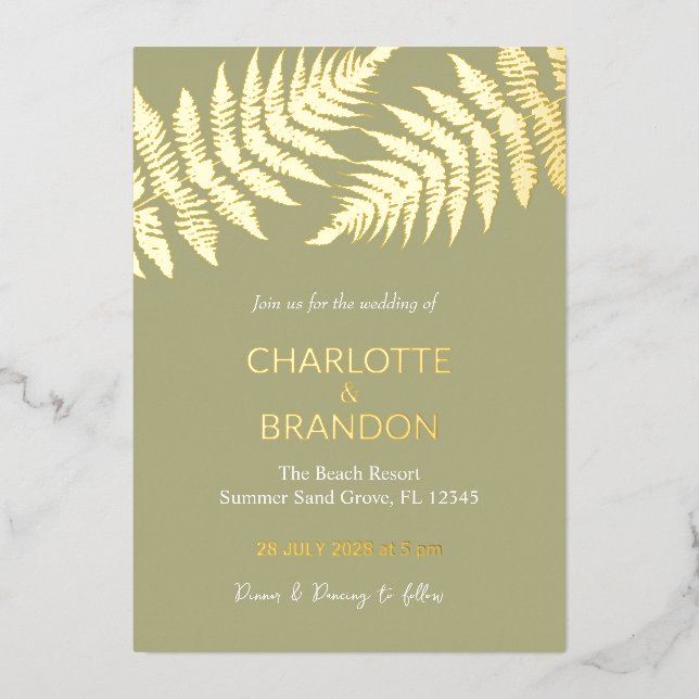 Invitación Con Relieve Metalizado Forest Green Fermes Boda Gold (Anverso)