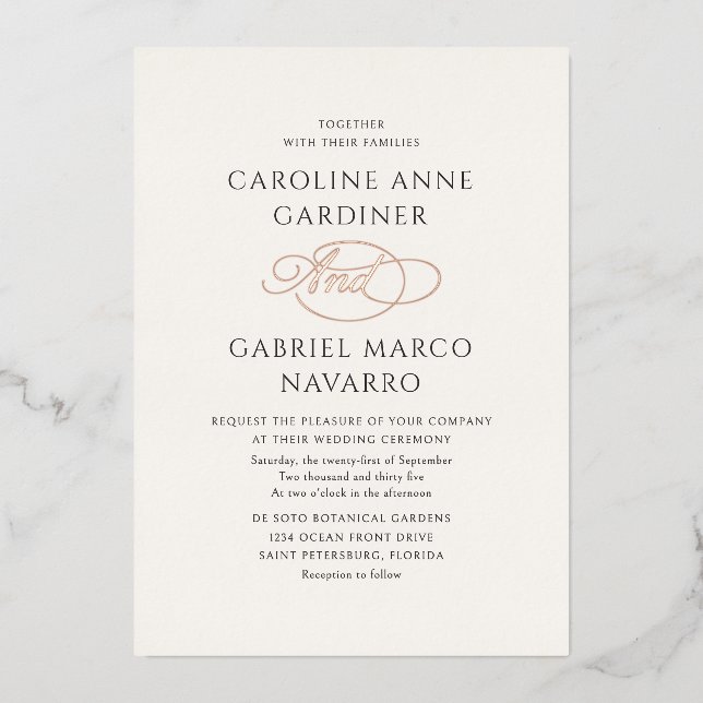 Invitación Con Relieve Metalizado Formal Calligraphy Script Wedding (Anverso)