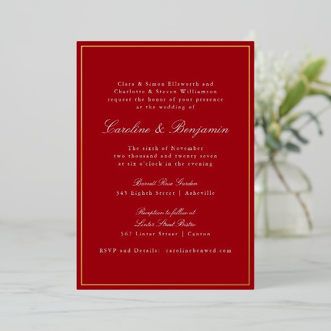 Invitación Con Relieve Metalizado Formal Classic Red Gold Border Elegant Wedding  (Anverso de pie)