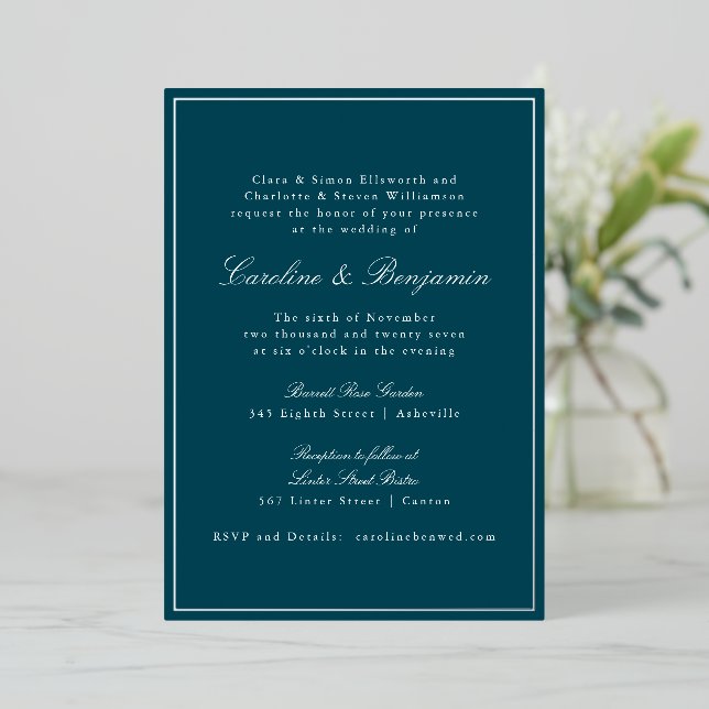 Invitación Con Relieve Metalizado Formal Classic Teal Silver Border Elegant Wedding  (Anverso de pie)
