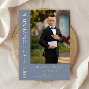 Invitación Con Relieve Metalizado Foto Azul Moderno Niño Primera Comunión