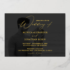 Invitación Con Relieve Metalizado Foto B&W Moderna Horizontal 4 Boda Completa Oscura