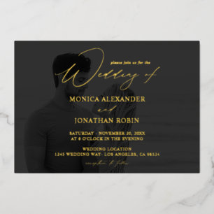 Invitación Con Relieve Metalizado Foto B&W Moderno Horizontal 4 Bodas Full Dark
