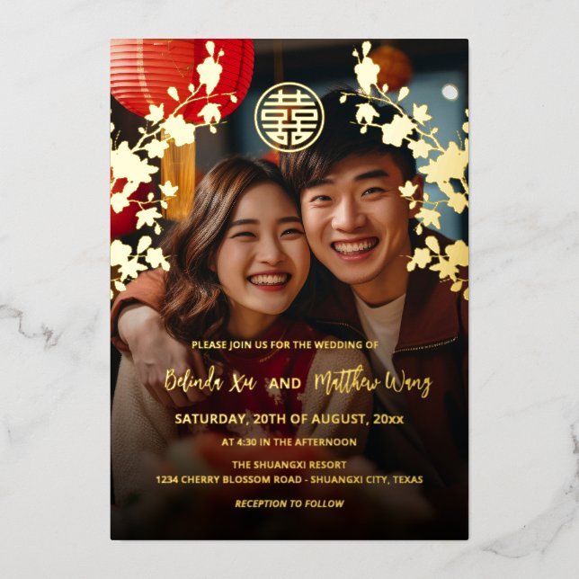 Invitación Con Relieve Metalizado Foto BILINGUAL Boda chino Oro Rojo (Anverso)