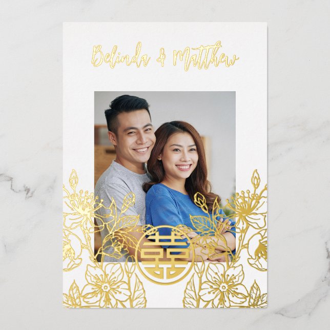 Invitación Con Relieve Metalizado Foto Boda chino de oro rojo (Anverso)