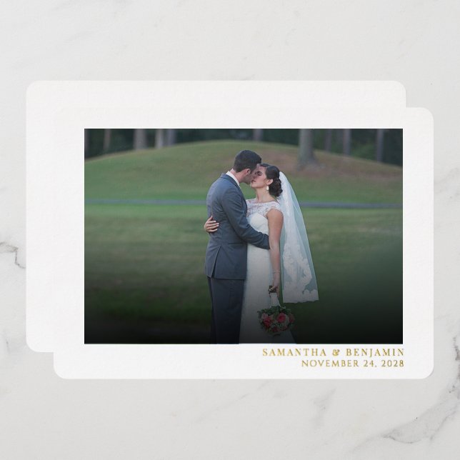 Invitación Con Relieve Metalizado Foto Boda moderna escrita a mano Gracias (Anverso/Reverso)