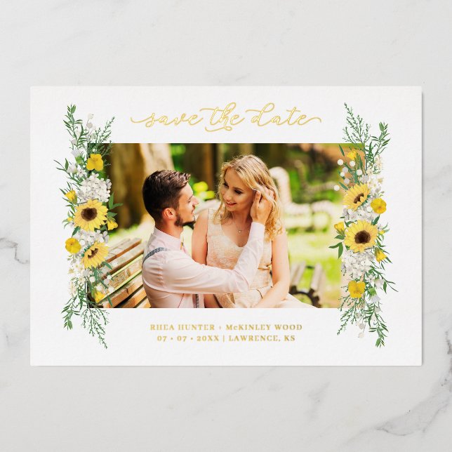 Invitación Con Relieve Metalizado Foto boda Sunflowers Garland Moda Spring (Anverso)