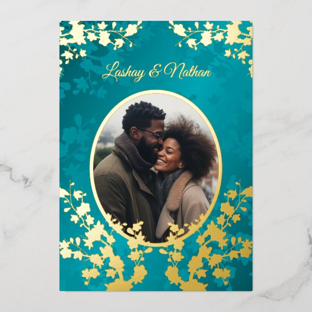 Invitación Con Relieve Metalizado Foto Boda Turquoise de Cherry Blossom (Anverso)