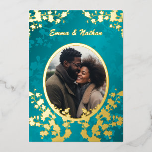 Invitación Con Relieve Metalizado Foto Boda Turquoise de Cherry Blossom
