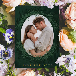 Invitación Con Relieve Metalizado Foto botánica verde esmeralda salva la fecha