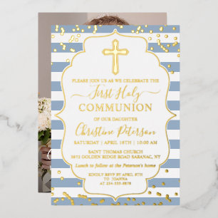 Invitación Con Relieve Metalizado Foto con Hoja de Oro Rayas Azul Polvo Primera Comu