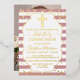 Invitación Con Relieve Metalizado Foto con Hoja de Oro Rayas Rosa Polvo Primera Comu