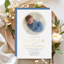 Invitación Con Relieve Metalizado Foto Cruz Religiosa Bautizo Niño Oro