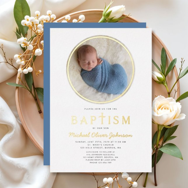 Invitación Con Relieve Metalizado Foto: Cruz religiosa de niño Bautismo Oro (Photo Religious Cross Boy Baptism Gold Foil Invitation)