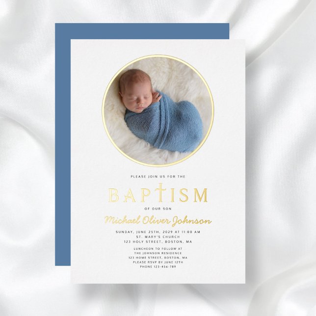 Invitación Con Relieve Metalizado Foto: Cruz religiosa de niño Bautismo Oro (Photo Religious Cross Boy Baptism Gold Foil Invitation)