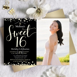Invitación Con Relieve Metalizado Foto Cumpleaños 16 Dulce Moderno Negro Oro Real