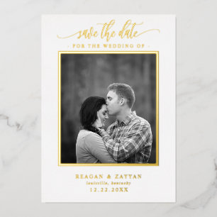 Invitación Con Relieve Metalizado Foto de Ahorro de Fecha de Bodas con Caligrafía Bl