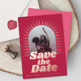 Invitación Con Relieve Metalizado Foto de Ahorro de Fecha de Bodas Retro Groovy Viva