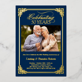 Invitación Con Relieve Metalizado Foto de Aniversario de Bodas número 50 Azul Oro