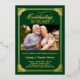 Invitación Con Relieve Metalizado Foto de Aniversario de Bodas número 50 Verde Dorad