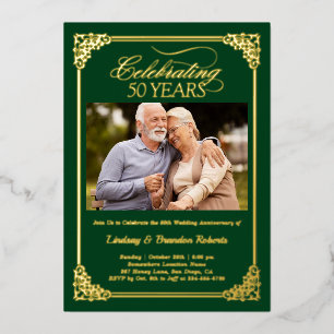 Invitación Con Relieve Metalizado Foto de Aniversario de Bodas número 50 Verde Dorad