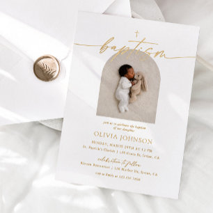 Invitación Con Relieve Metalizado Foto de Arco Elegante Bautizo & Confirmación