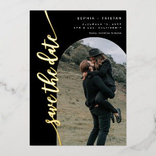 Invitación Con Relieve Metalizado Foto de Arco Vertical Negro Save the Date