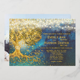 Invitación Con Relieve Metalizado Foto de Back Grove Blue & Gold Fairy Lights