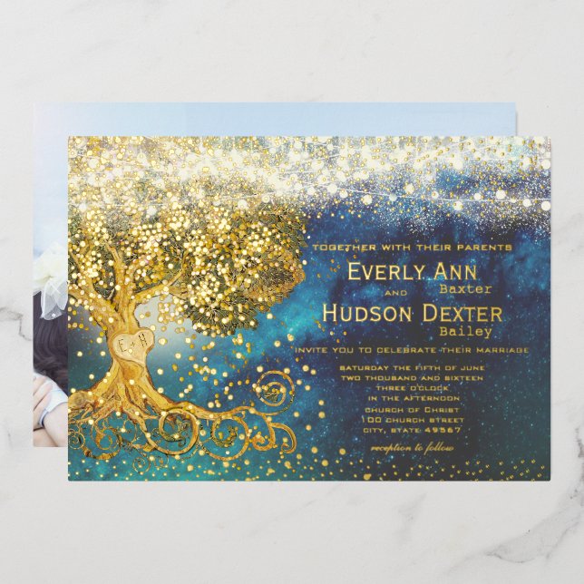 Invitación Con Relieve Metalizado Foto de Back Grove Blue & Gold Fairy Lights (Anverso/Reverso)