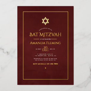 Invitación Con Relieve Metalizado Foto de Bat Mitzvah con acuarela en burgundy y dor