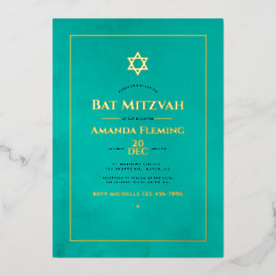 Invitación Con Relieve Metalizado Foto de Bat Mitzvah con acuarela turquesa y dorada